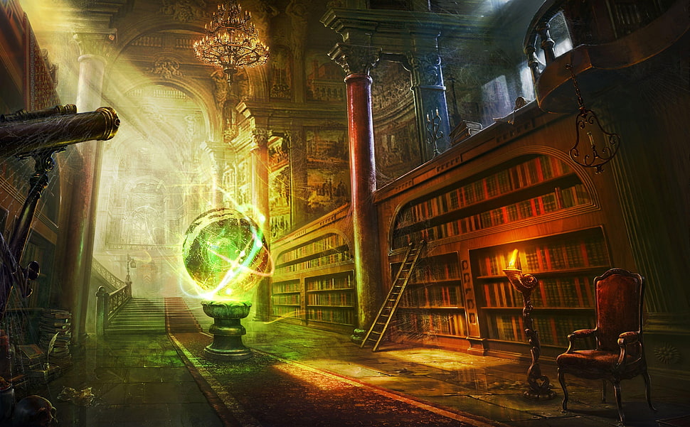 wizard themed library illustration HD wallpaper