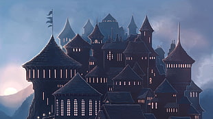 brown and blue castle illustration, fantasy city, fantasy art