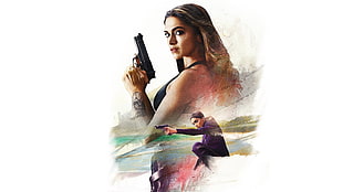 woman in black top holds a black pistol HD wallpaper