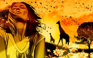 woman feeling the breath of the air in front of animals clip art HD wallpaper