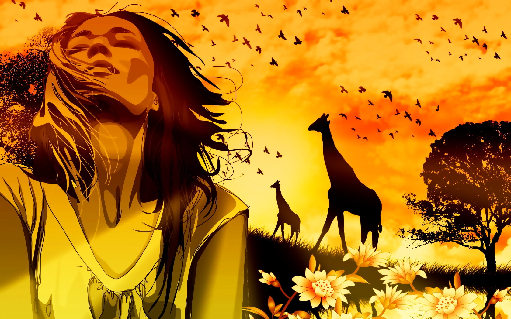 woman feeling the breath of the air in front of animals clip art