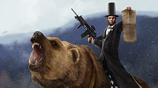 Abraham Lincoln riding bear illustration, Abraham Lincoln, bears, gun, Grizzly Bears HD wallpaper