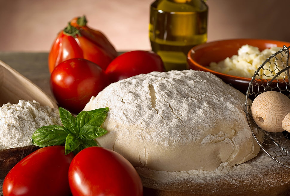 bread dough near at tomatoes HD wallpaper