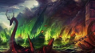 burning ships illustration