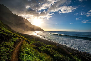 seashore, landscape, mountains, Pacific Ocean, clouds HD wallpaper