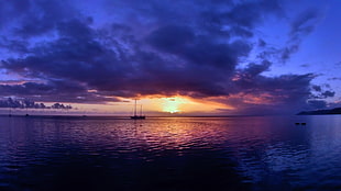 silhouette photo of sunset, sea, boat, sunlight, sky