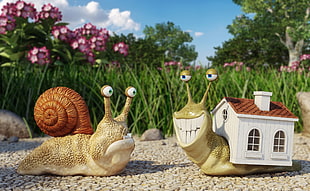 two snail figurines, snail, artwork HD wallpaper