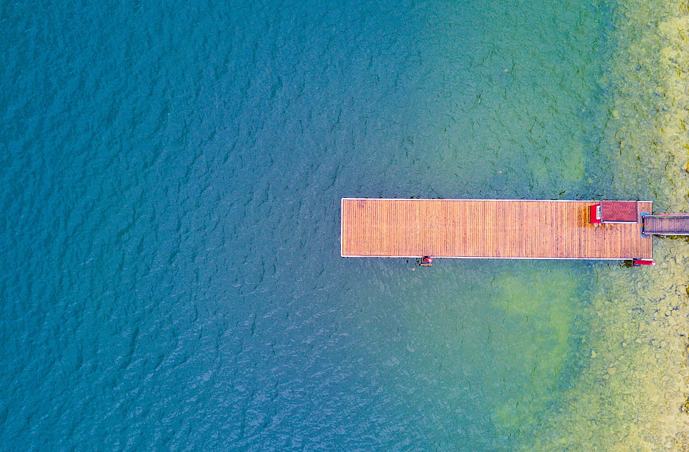 brown wooden pier, pier, blue, water, lake HD wallpaper