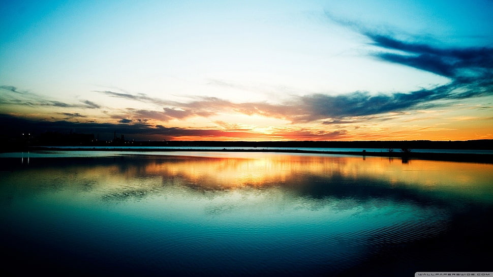 body of water, landscape, lake, sunset, sky HD wallpaper