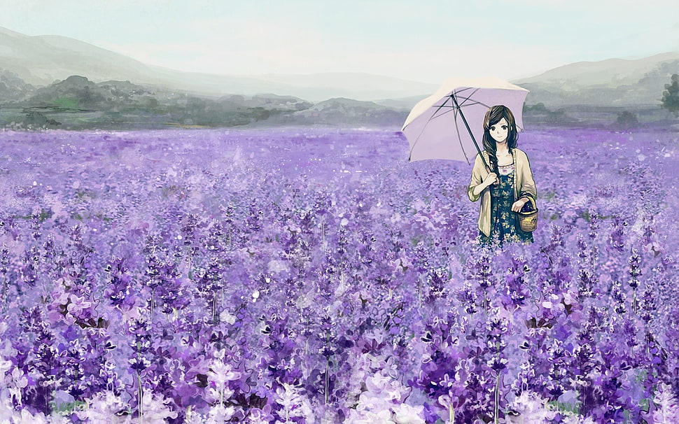 girl anime character on purple flower field HD wallpaper