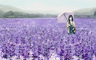 girl anime character on purple flower field HD wallpaper