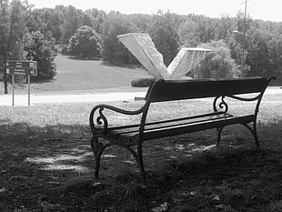 wooden bench, park, monochrome, nature, monument HD wallpaper