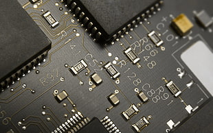 black circuit board, chips, PCB, transistors, resistor