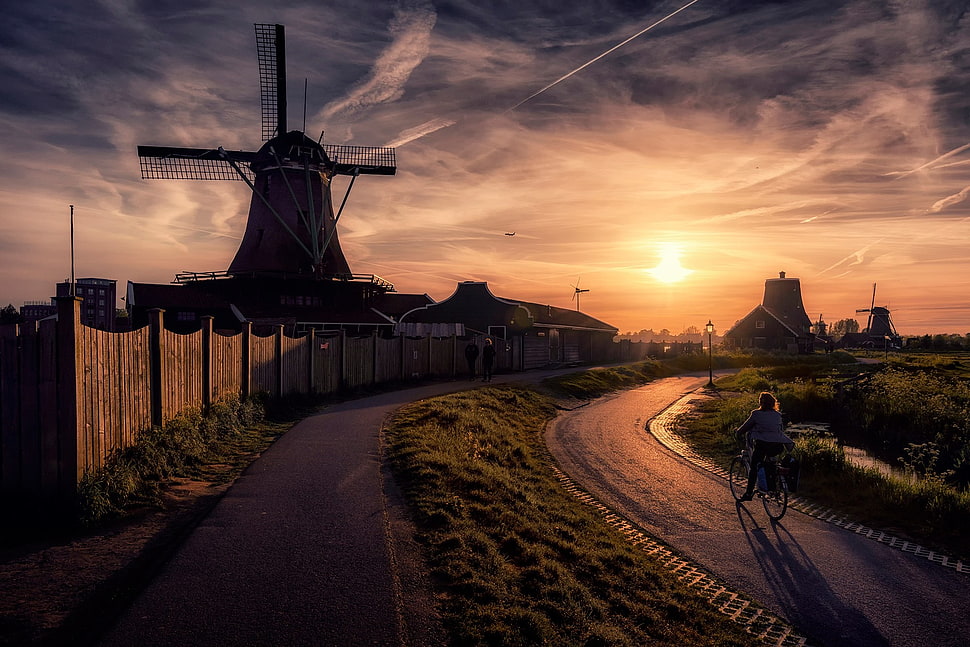 windmill, sunset, windmill, road, fence HD wallpaper