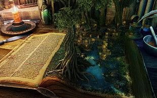 river surrounded with tree artwork, fantasy art, digital art, books, artwork