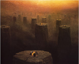 bonfires on top of stone formations, Zdzisław Beksiński, drawing HD wallpaper