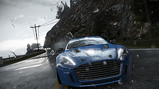 blue and black Aston Martin car game application HD wallpaper