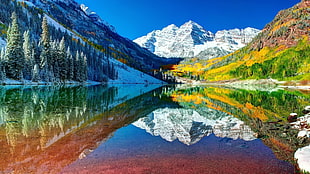 body of water and mountain range, landscape, mountains, reflection
