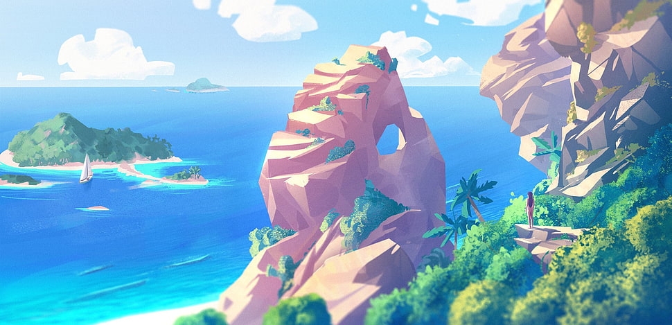 island near ocean cartoon, artwork, digital art, beach, sea HD wallpaper