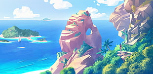 island near ocean cartoon, artwork, digital art, beach, sea
