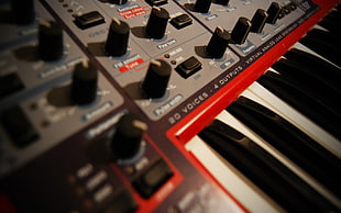 brown and gray piano keys with audio mixer HD wallpaper