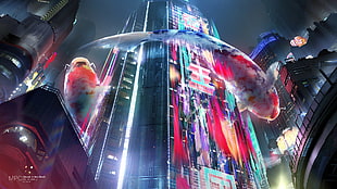 red and white koi fish, digital art, fantasy art, futuristic, futuristic city HD wallpaper