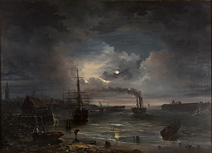 galleon ship painting, painting, boat, sea, smoke