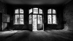 grayscale photo of 4-panel half-lite door, monochrome, ruin, abandoned