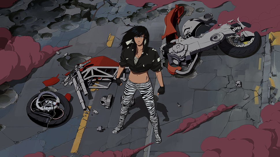 female anime character, digital art, black hair, motorcycle, wreck HD wallpaper