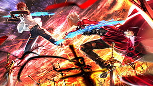 two anime fighting with blue swords illustration, anime, Fate/Stay Night, Archer (Fate/Stay Night), Shirou Emiya