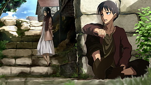 man and female anime characters near brick wall