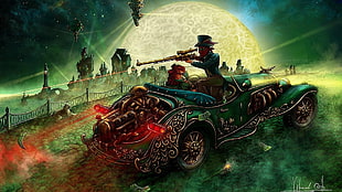 green and black touring motorcycle, steampunk, old HD wallpaper