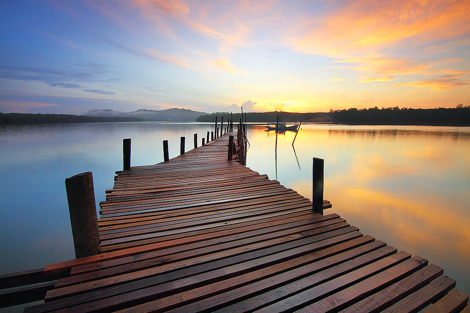 Brown Wooden Dock on Calm Body of Water Surrounded by Silhouette of Trees during Sunset HD wallpaper