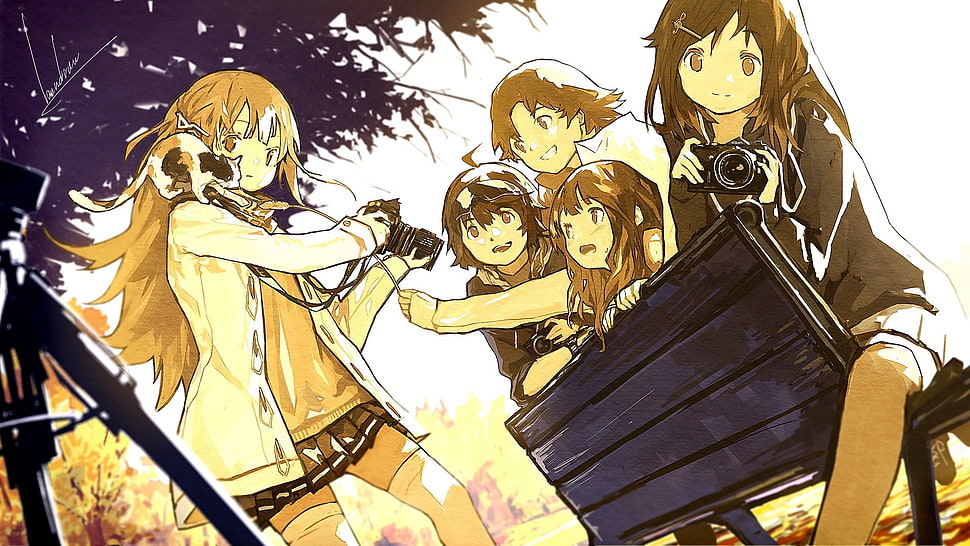 five anime character on bench chair, anime, camera HD wallpaper