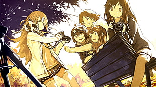 five anime character on bench chair, anime, camera