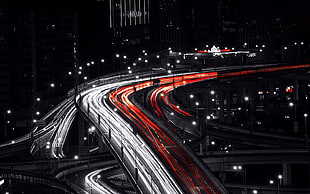 time lapse photography of vehicle moving on road, black, red, white, long exposure