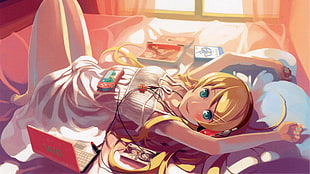 blonde girl in white spaghetti strap dress lying on bed anime wallpaper HD wallpaper