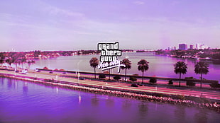 green trees with text overlay, Grand Theft Auto Vice City, road, pink, logo HD wallpaper