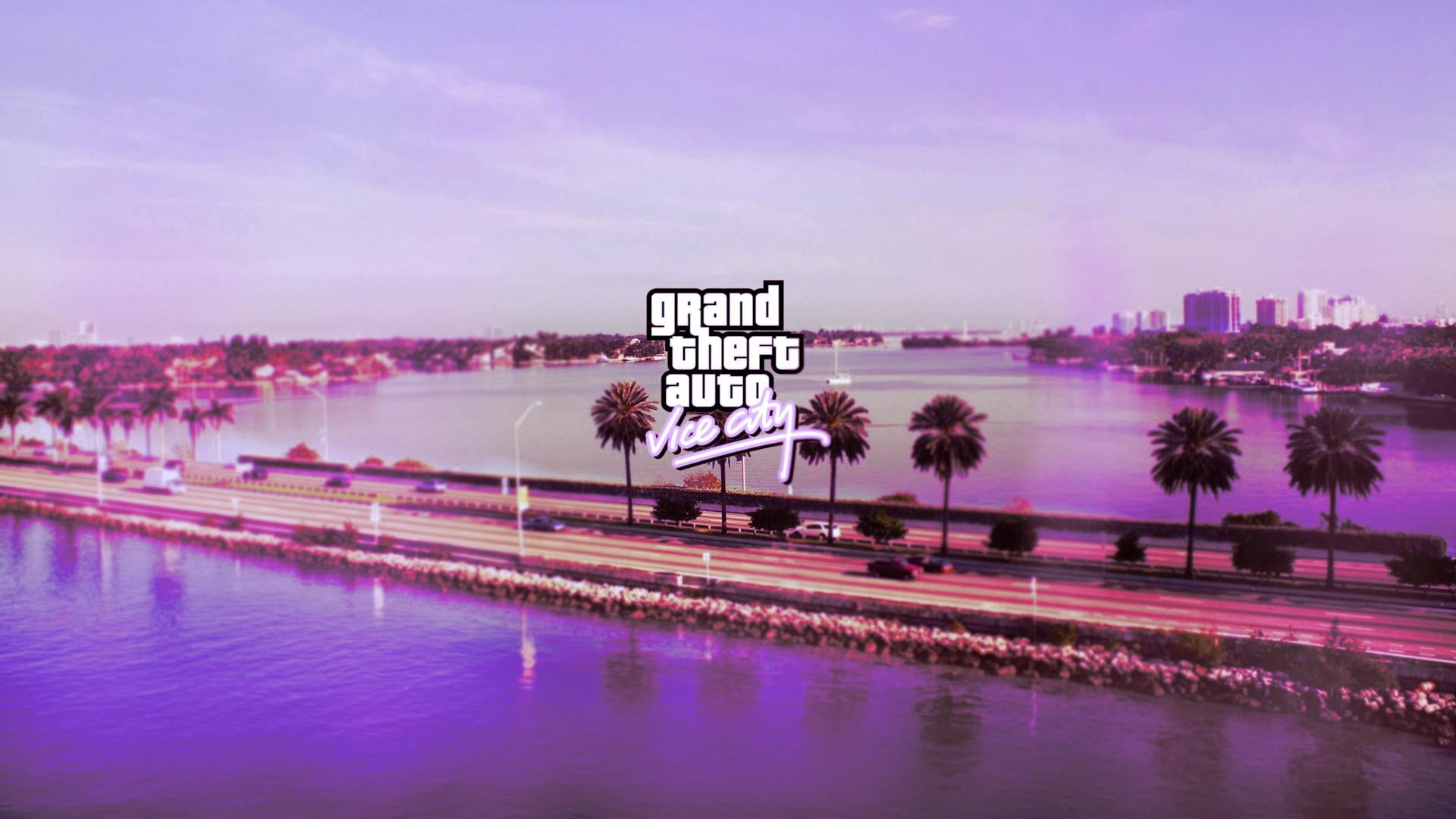 green trees with text overlay, Grand Theft Auto Vice City, road, pink, logo