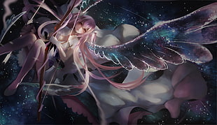 animated character with wings, wings, stars, bow
