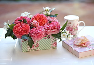 pink flowers in green case