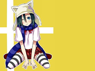 girl with green hair wearing school uniform and white eared hat animated character