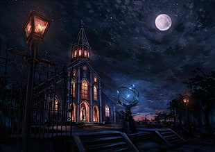 cathedral photo, church, fantasy art, Moon HD wallpaper