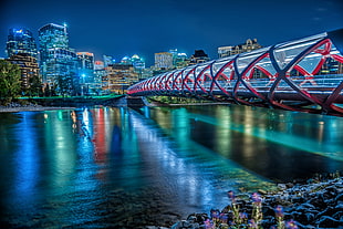 time lapsed photography of bridge with river, peace bridge, calgary, canada HD wallpaper