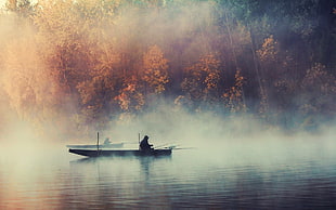 photo of man sailing on boat between forest trees