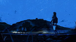 female anime character walking near men during night illustration, sky, stars