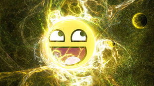 smiley emoji, awesome face, space, planet, streaks HD wallpaper