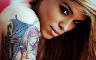 woman with black ink shoulder tattoo HD wallpaper