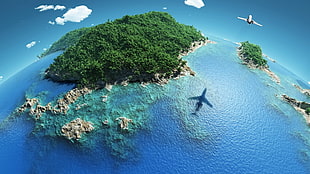 white airplane illustration, nature, landscape, sea, coast HD wallpaper