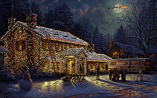 house with string lights illustration, canvas, oil painting, Christmas, movies